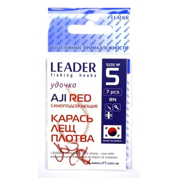 Гачки для риби, №5, Leader Aji, 7шт/уп, колір Red